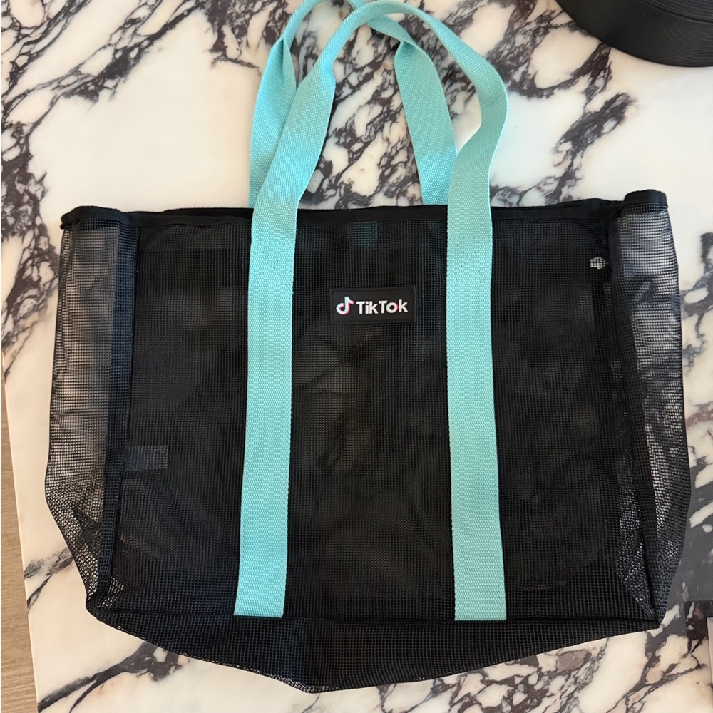TikTok Black Mesh Tote Bag with Teal Straps
